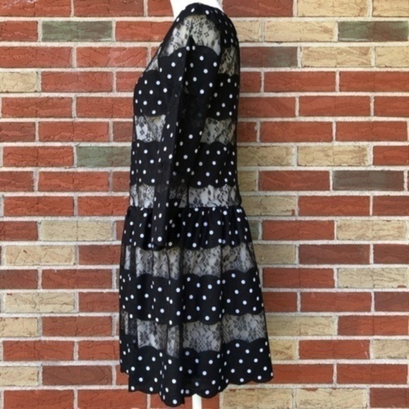 Anthropologie 02Sky Lace Polka Dot Ruched NWT Black White 3/4 Sleeve Dress 👗 - Picture 5 of 14